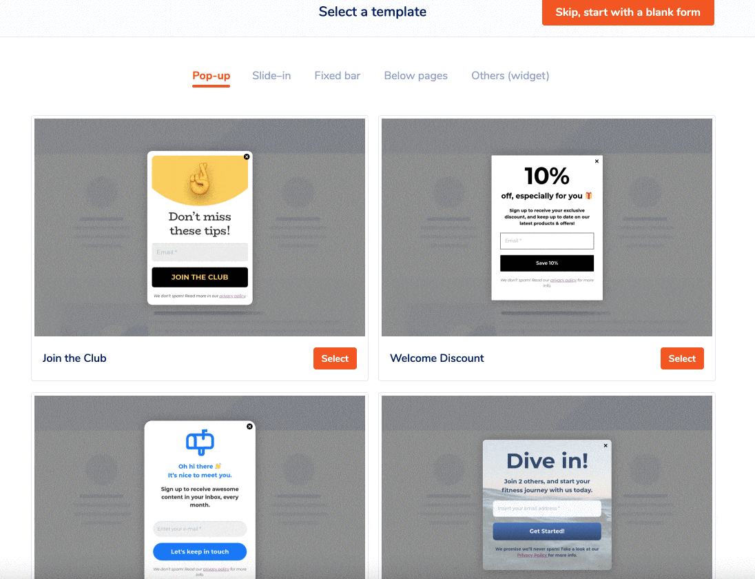 MailPoet WordPress opt-in forms template types