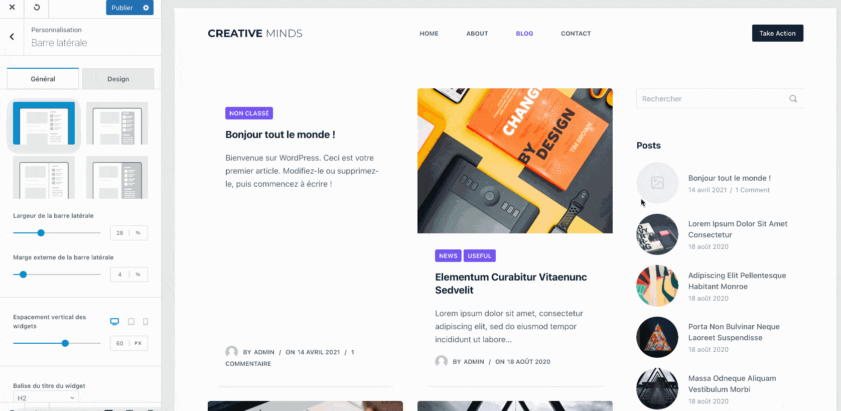 Blocksy permet de personnaliser la taille de votre barre latérale.