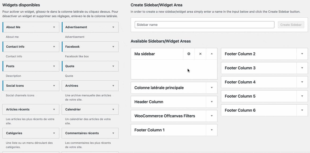 Réglages de la sidebar personnalisée sur l'interface de WordPress.