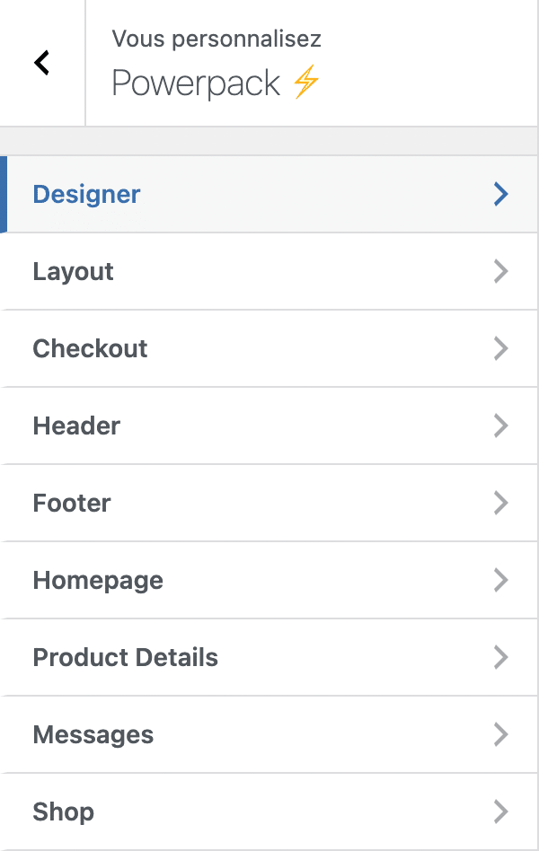 Outil de personnalisation de l'extension Storefront Powerpack
