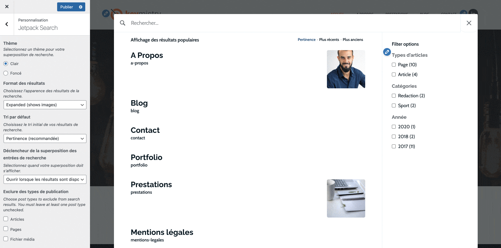 Aperçu de la recherche WordPress en direct avec Jetpack Search.