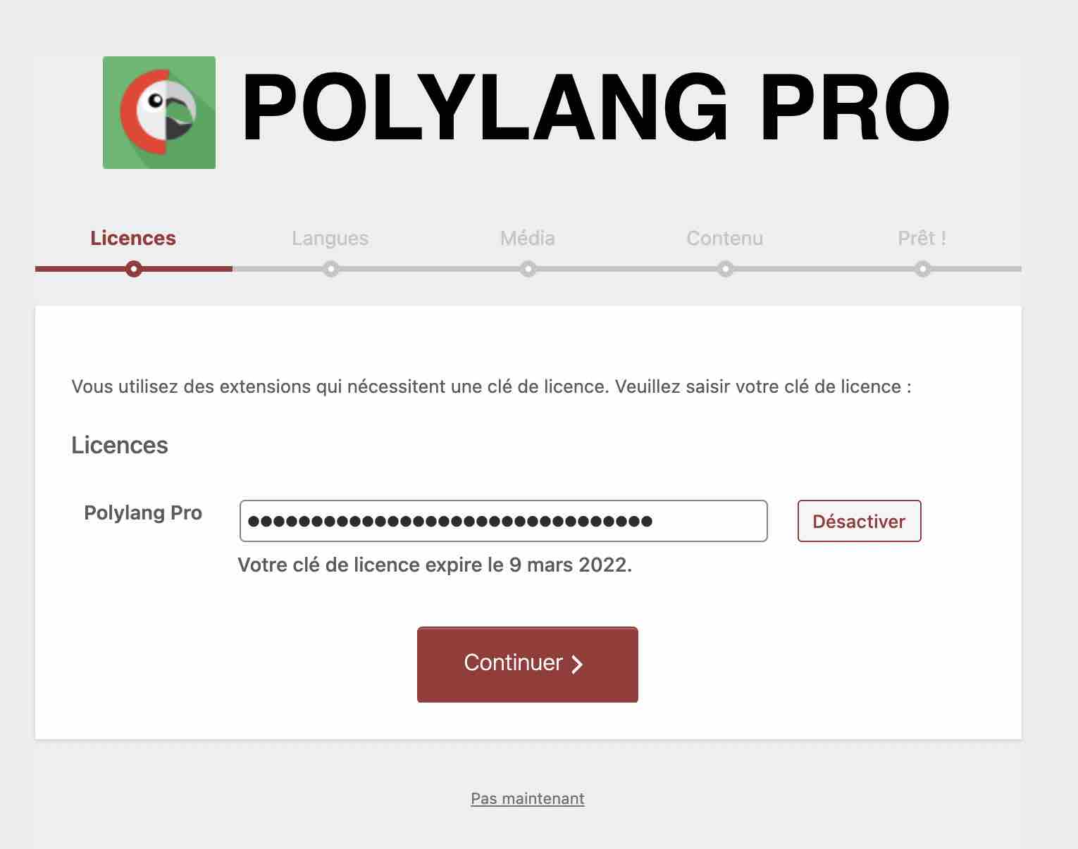 Polylang réclame l'installation d'une clé de Licence.
