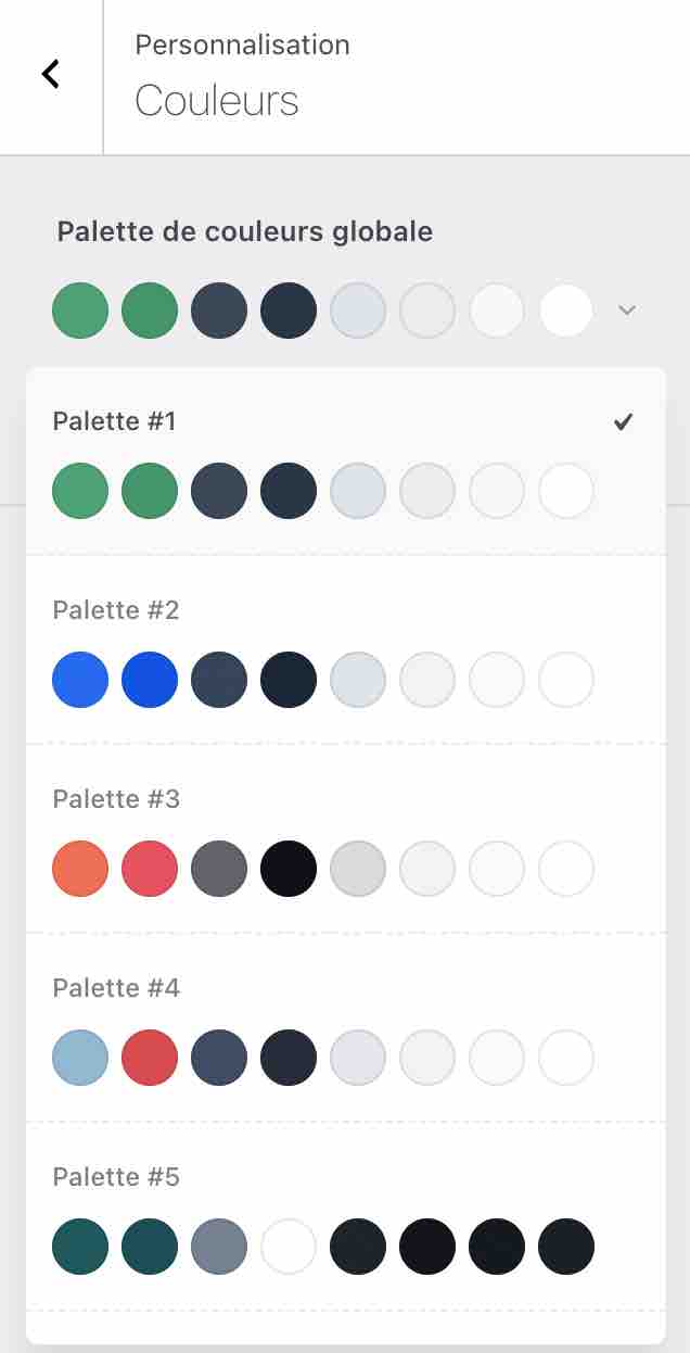 Blocksy propose 15 palettes de couleurs.