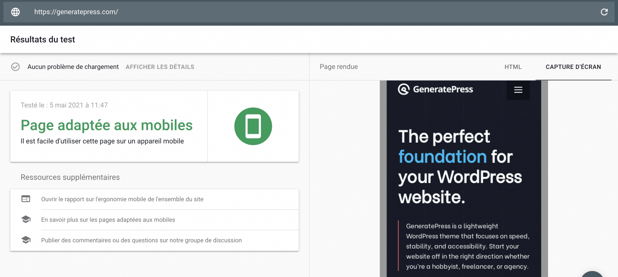 Test d'optimisation mobile de Google pour GeneratePress.