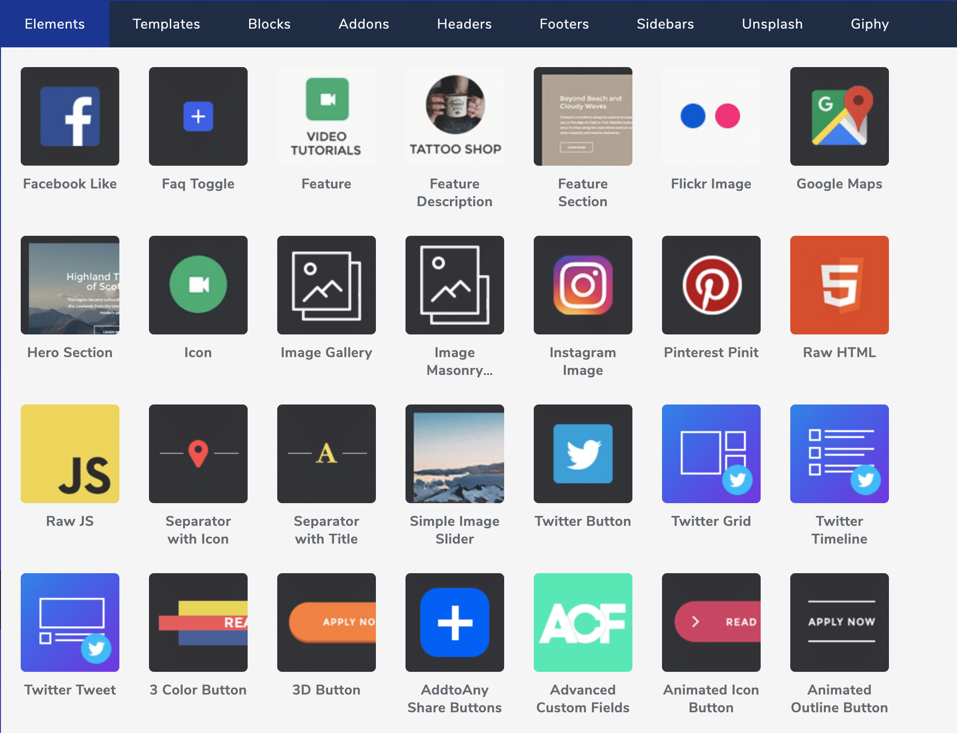 Visual Composer Elements preview.