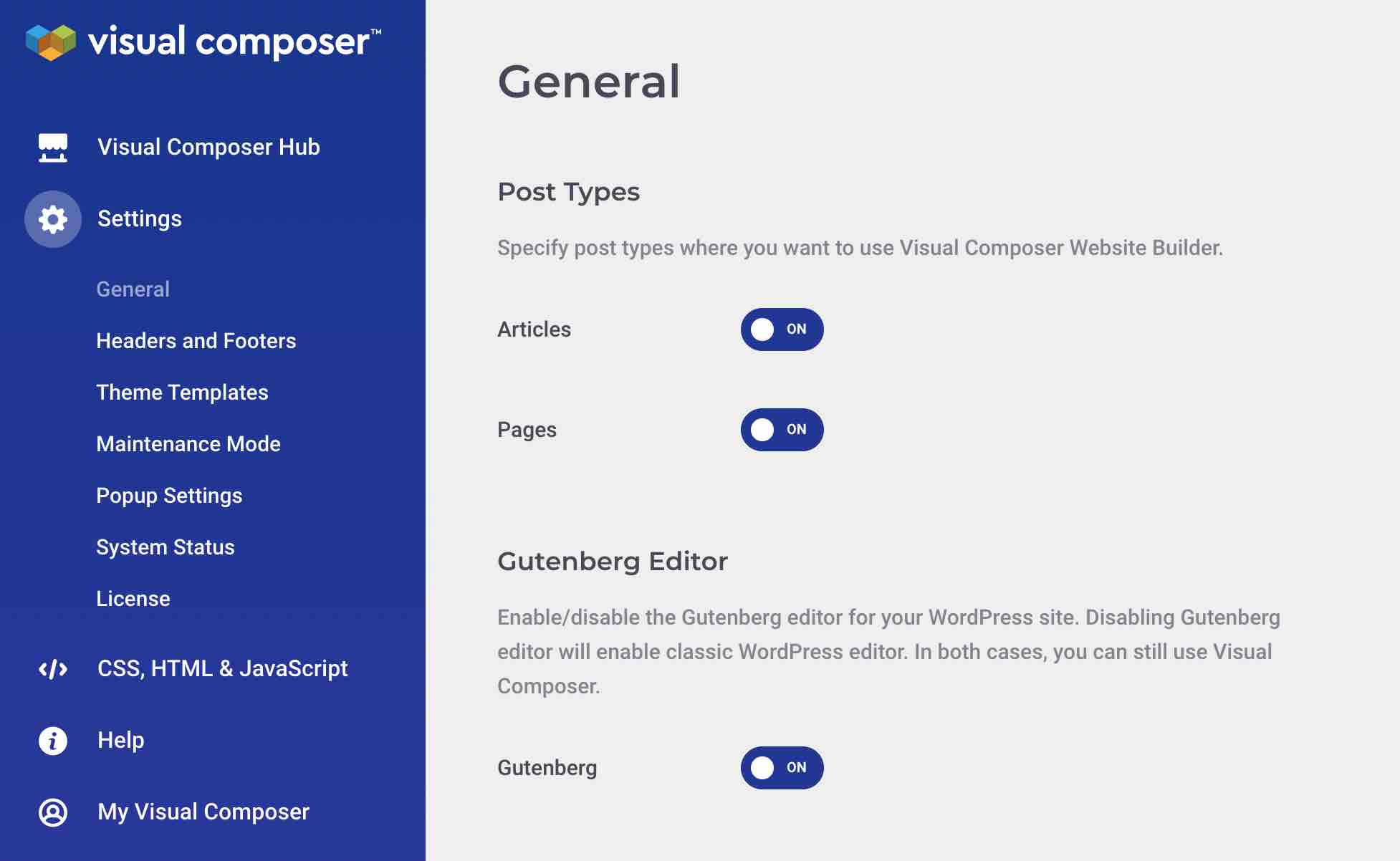 Visual Composer different settings.