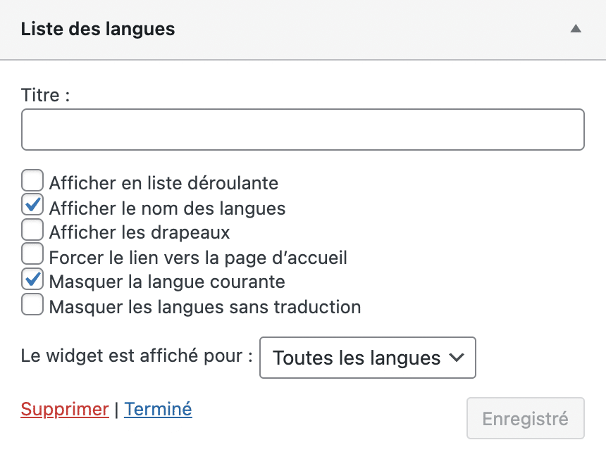 Polylang permet d'afficher la liste des langues dans un widget.