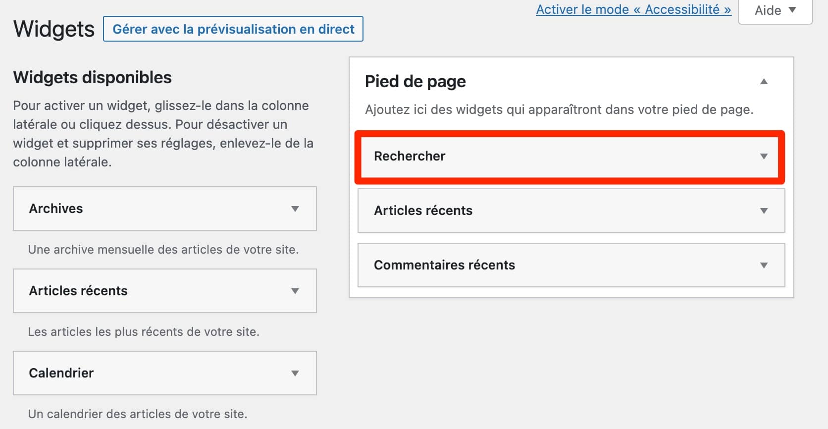 Le widget Recherche de WordPress.