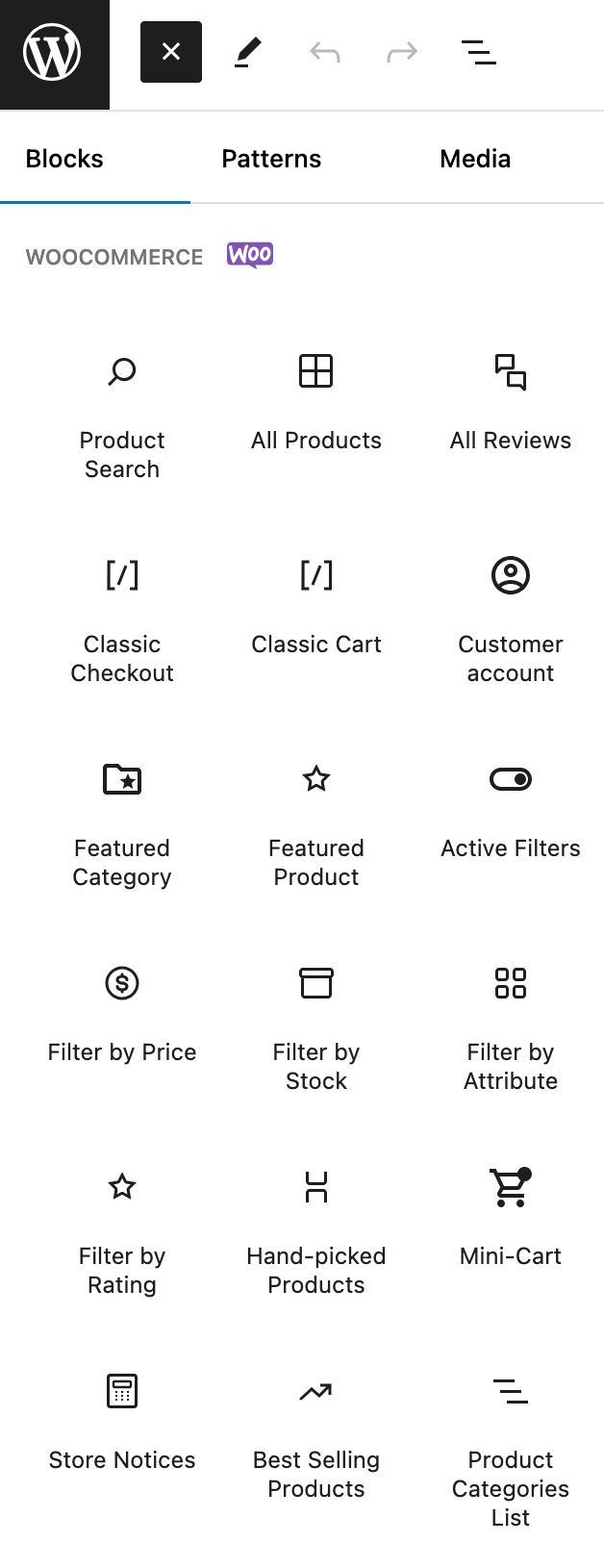 Preview of blocks offered by WooCommerce.