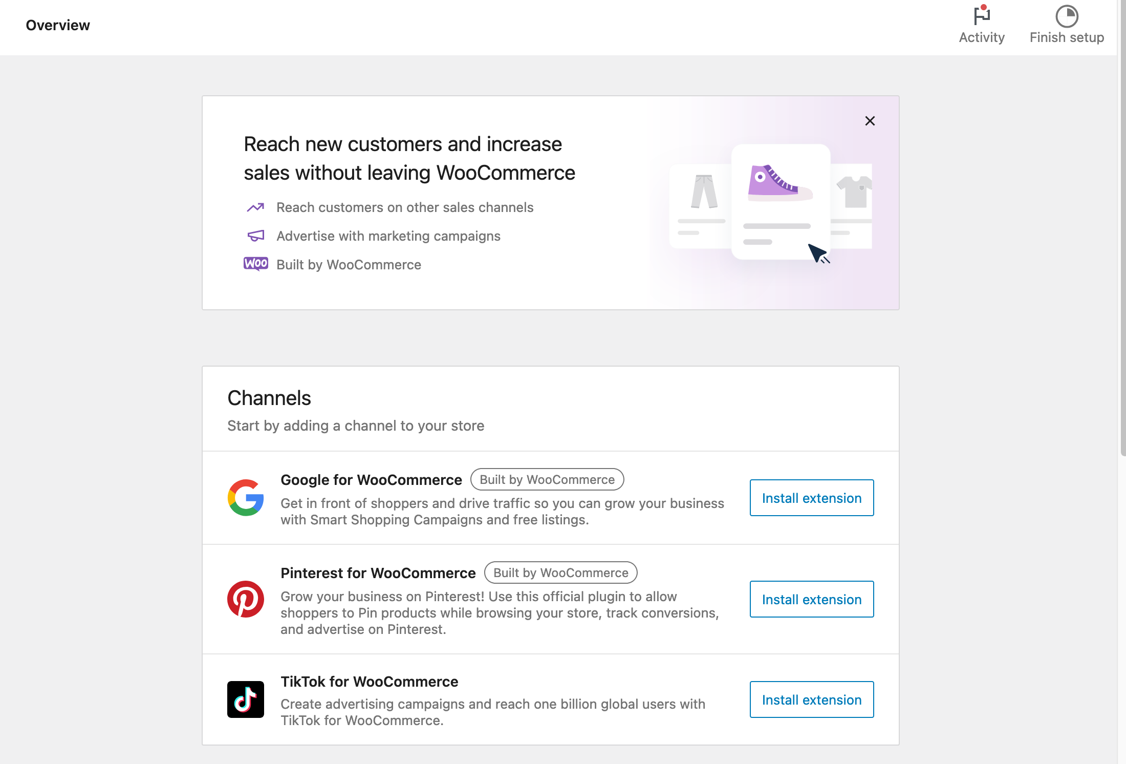 Overview of WooCommerce marketing menu.