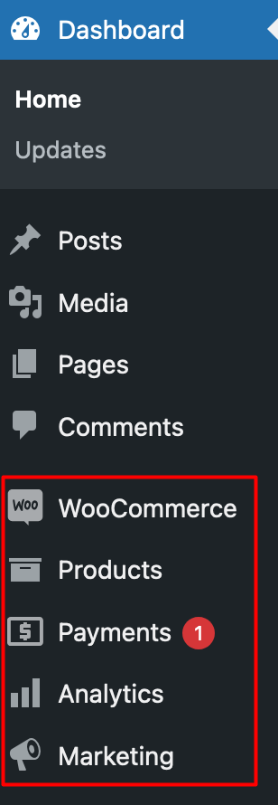 The WooCommerce menu: WooCommerce, Products, Payments, Analytics, and Marketing.