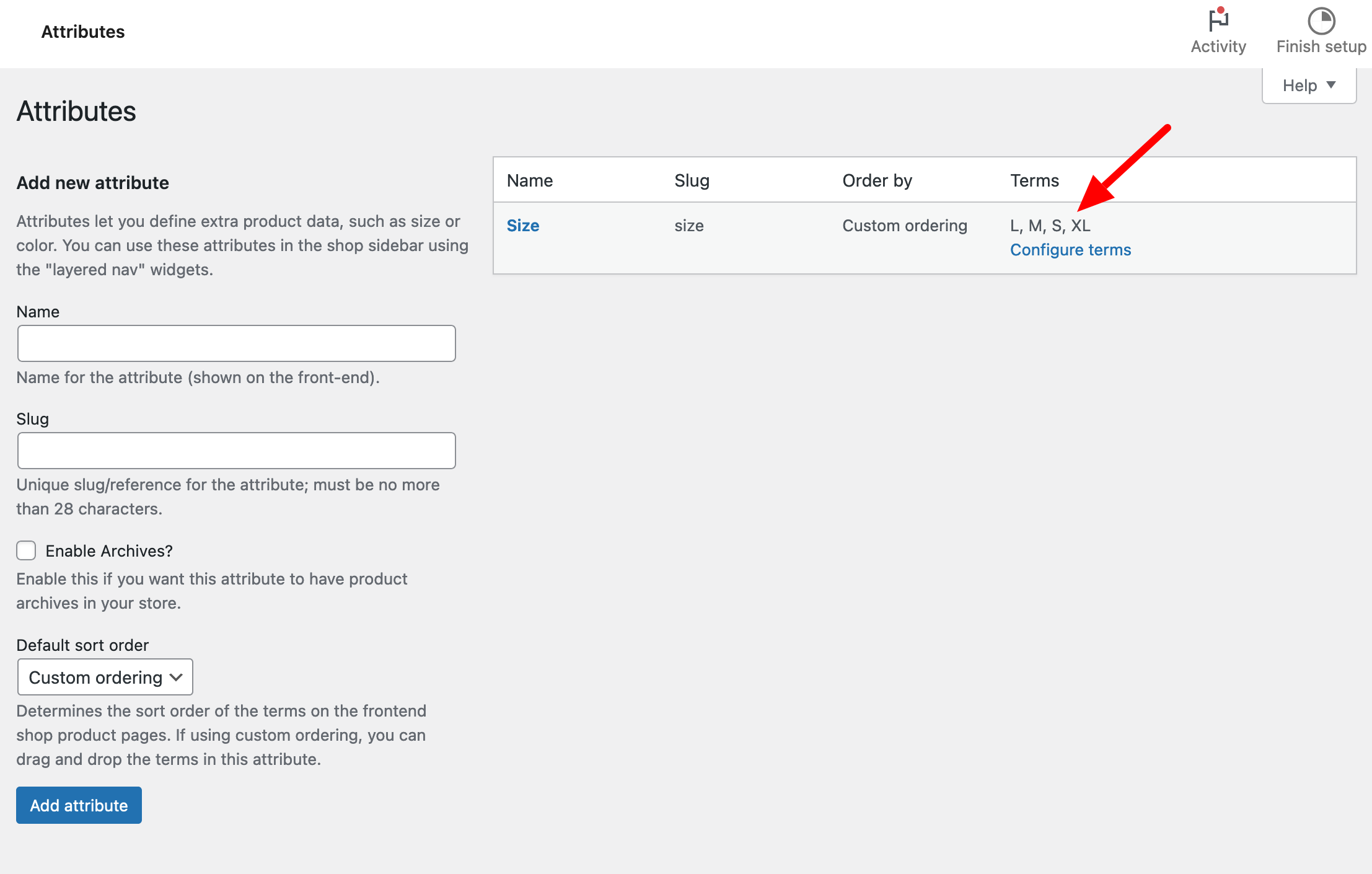 WooCommerce attributes example with the sizes L, M, S, XL.