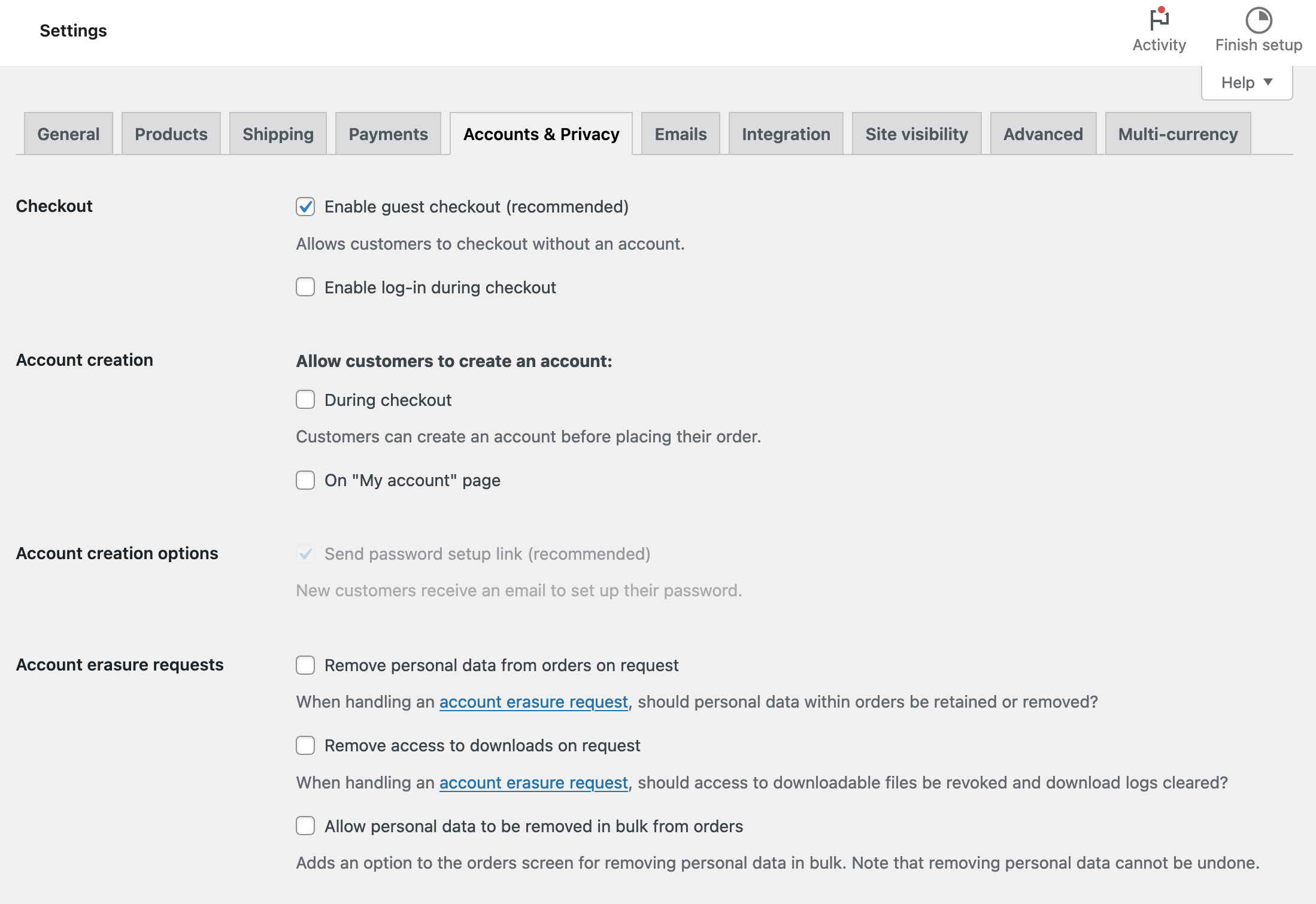 Accounts & Privacy tab in the WooCommerce settings.