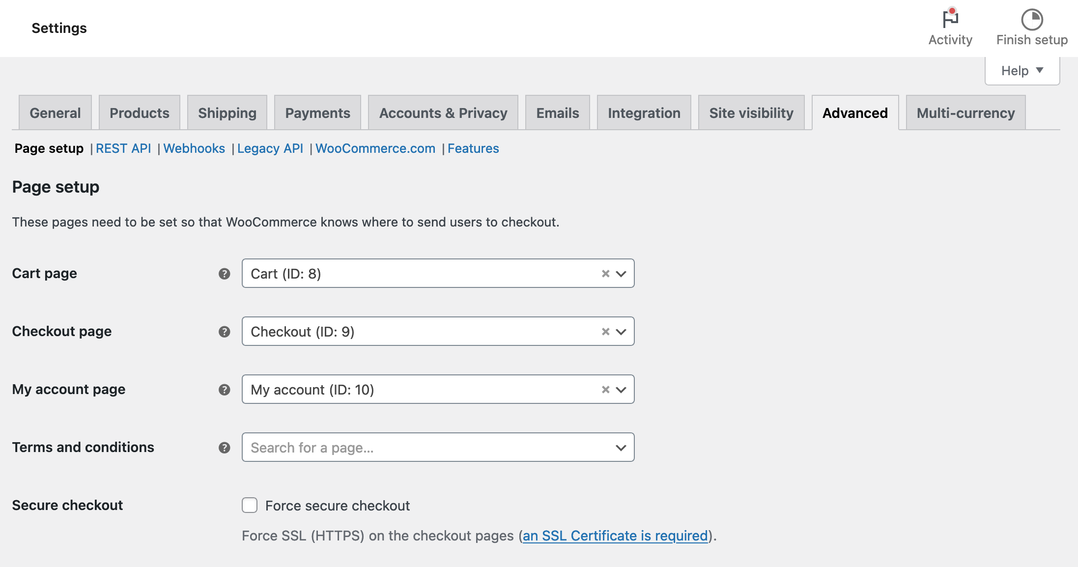 Advanced tab in the WooCommerce settings.