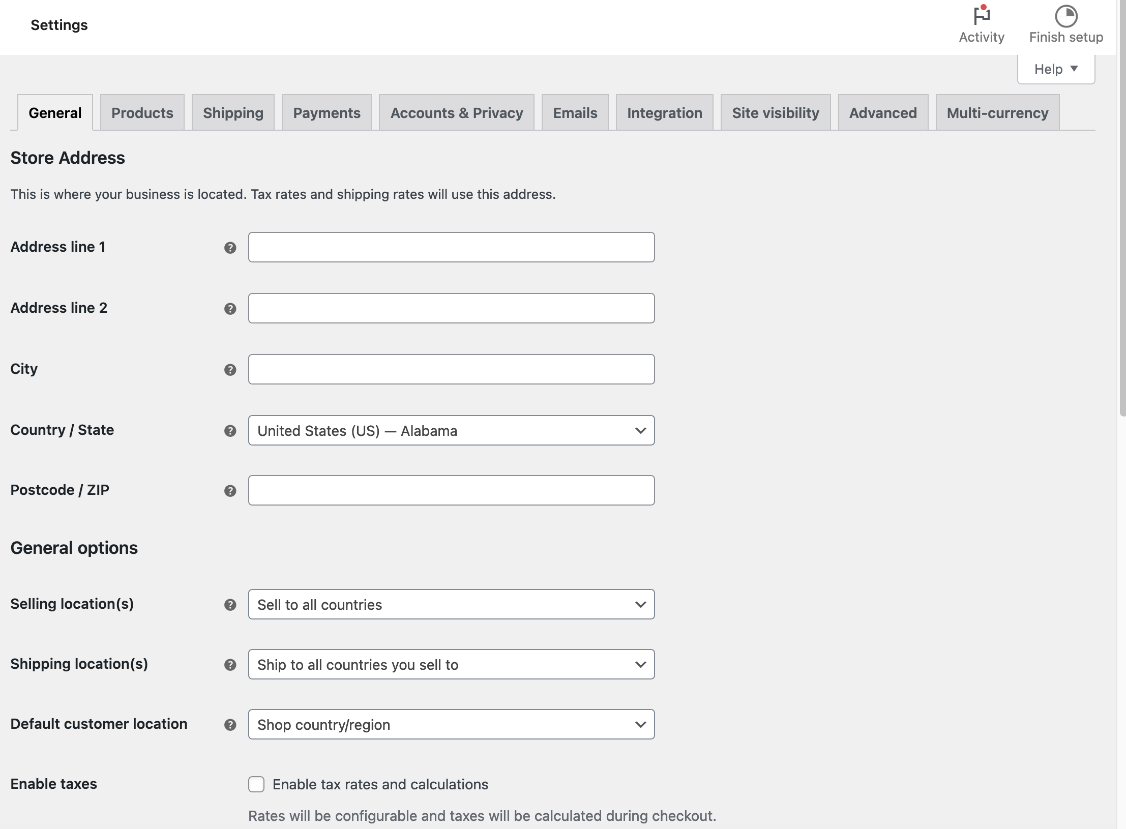 General tab in the WooCommerce settings.