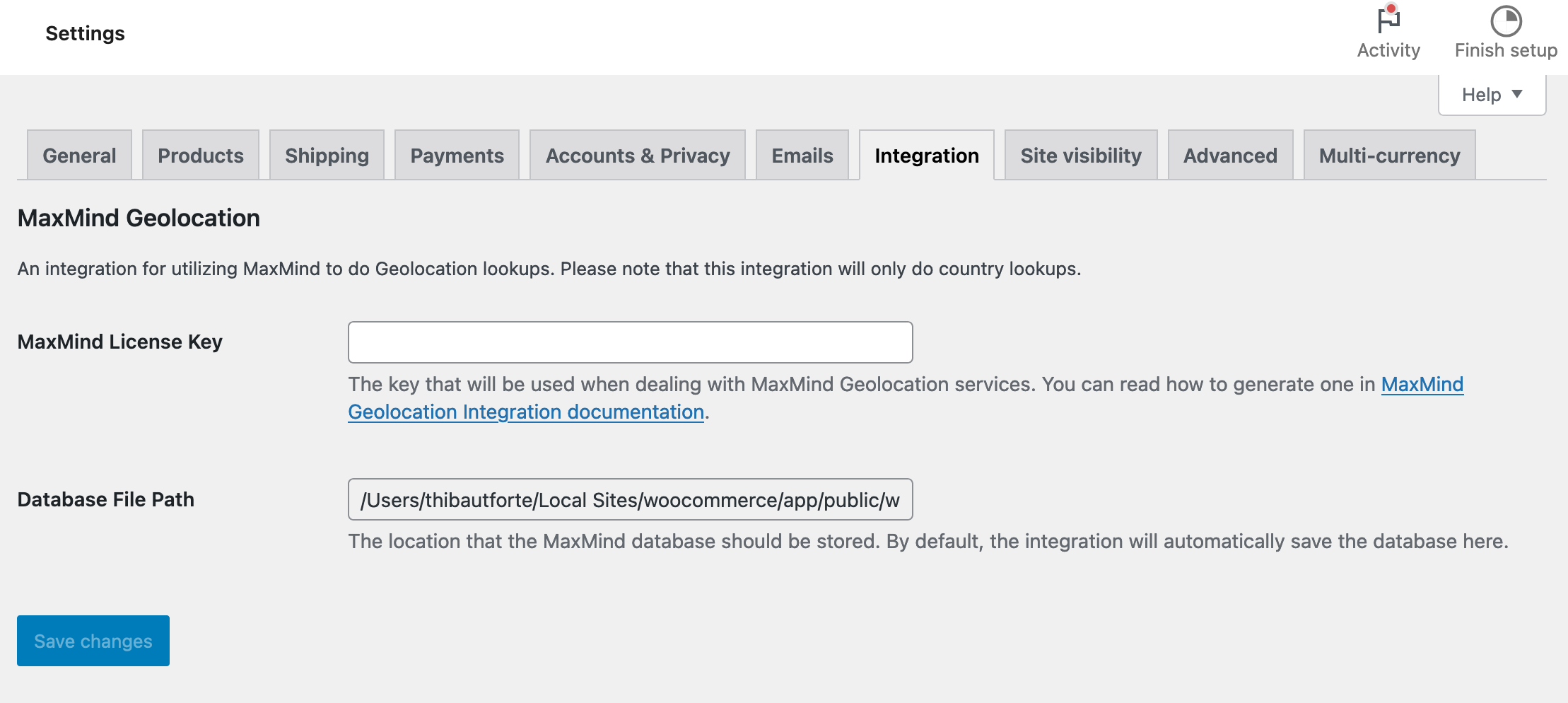 Integration tab in the WooCommerce settings.