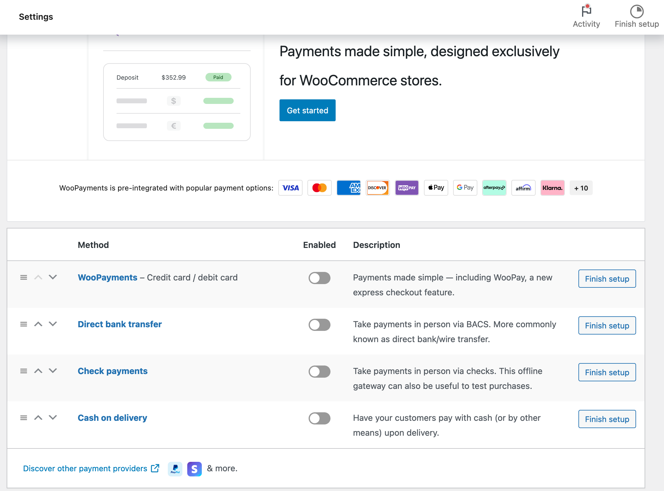 Payments tab in the WooCommerce settings.