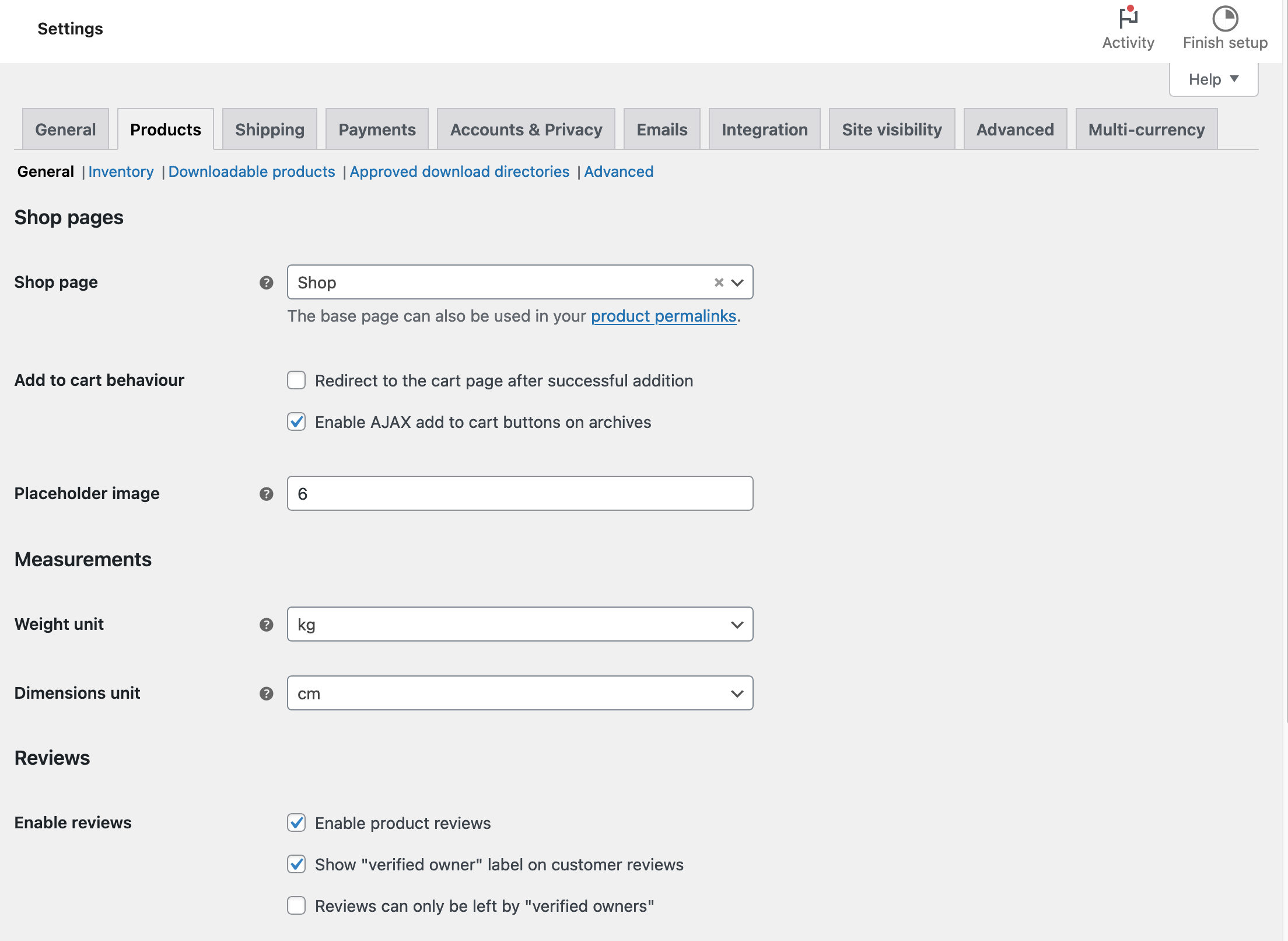 Products tab in the WooCommerce settings.