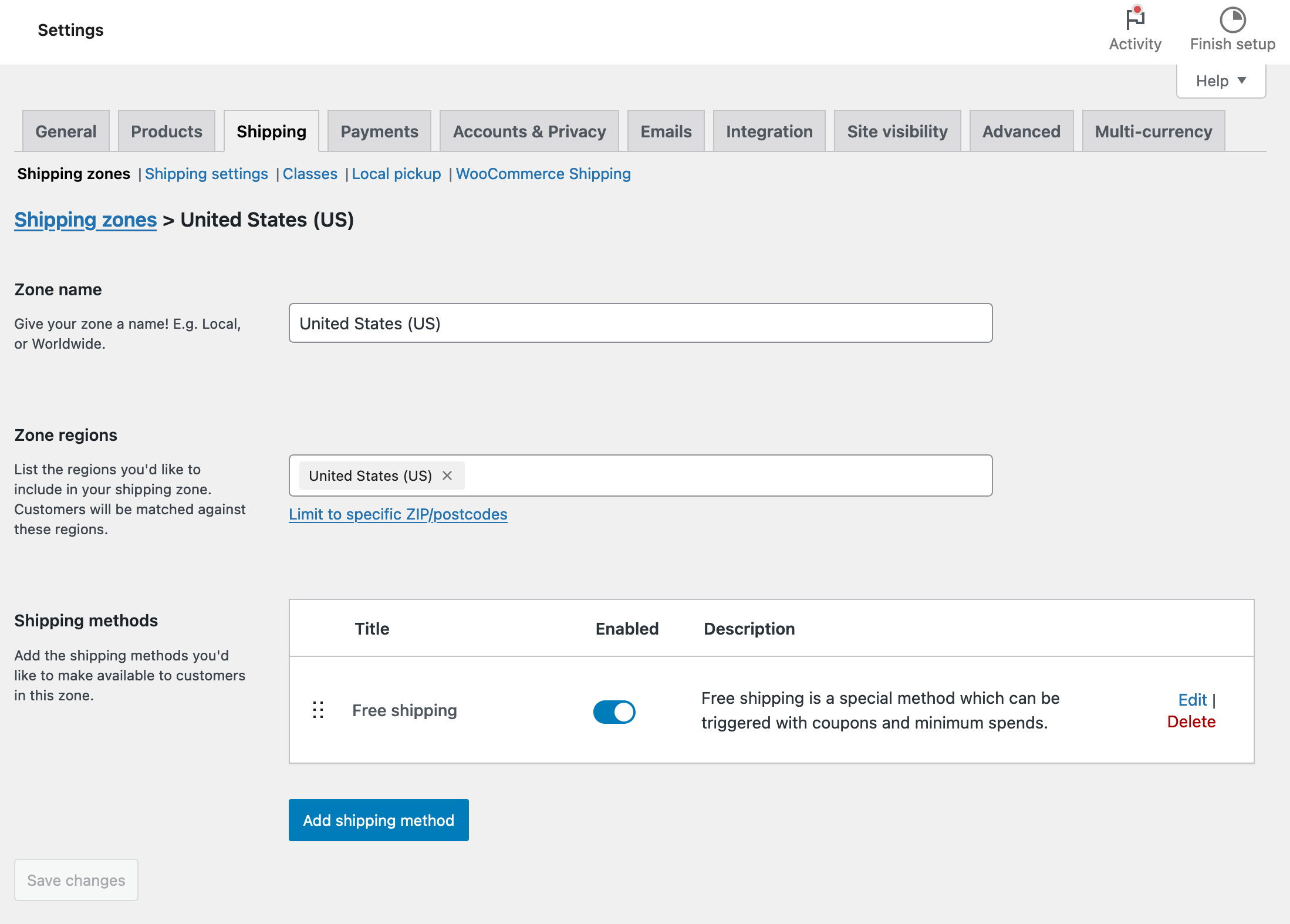 Shipping tab in the WooCommerce settings.