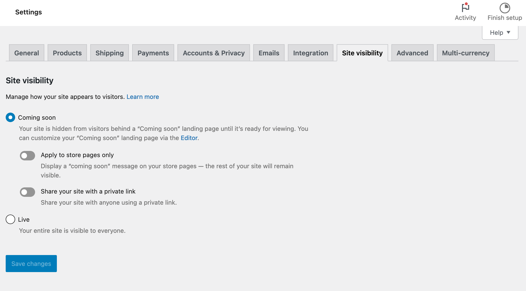 The site visibility tab in the WooCommerce settings.