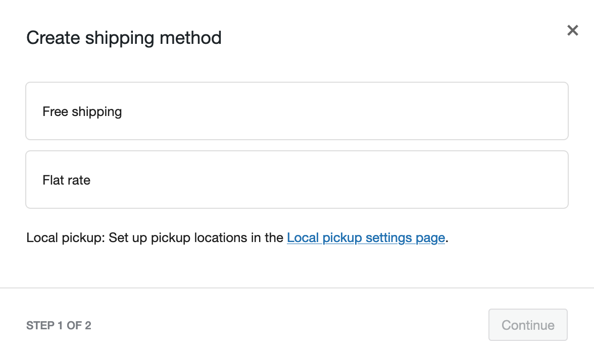 Add shipping method on WooCommerce: Flat rate, Free shipping, Local pickup.