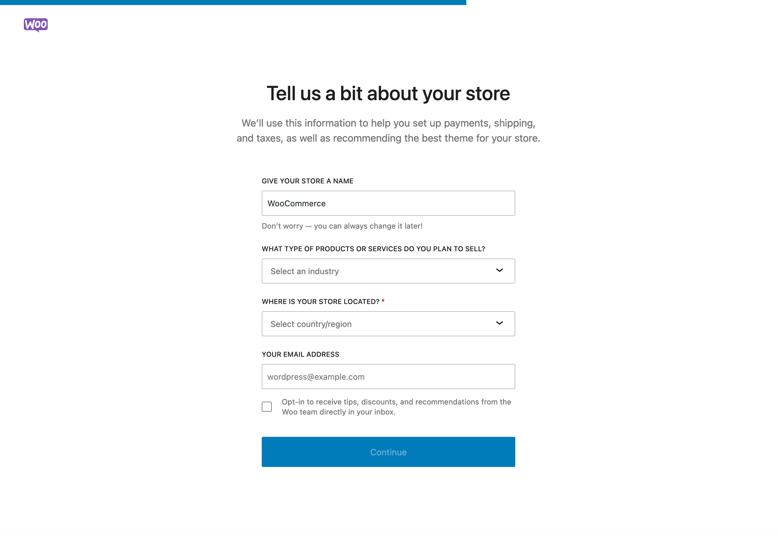 The WooCommerce wizard asks you to fill in certain details about your store.