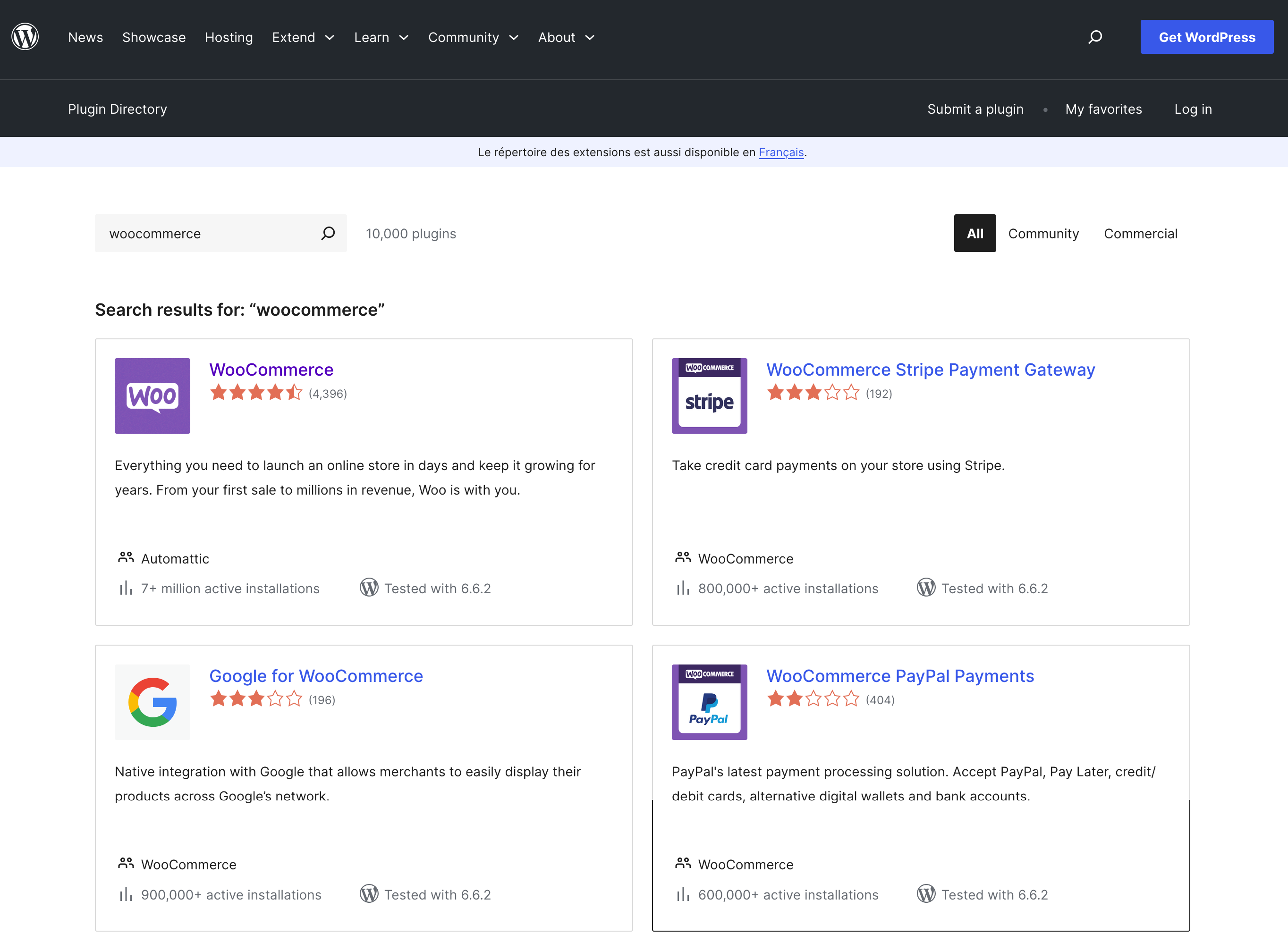Searching for WooCommerce plugins in the official WordPress directory.