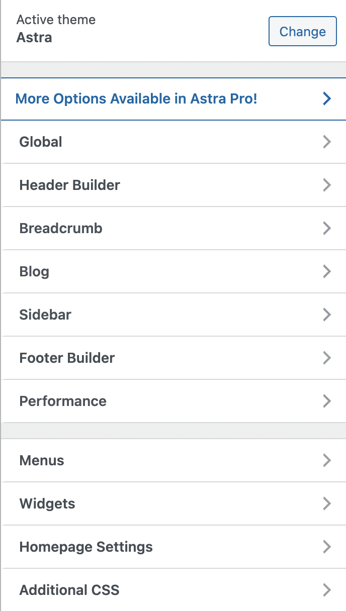 Astra settings on the WordPress Customizer.