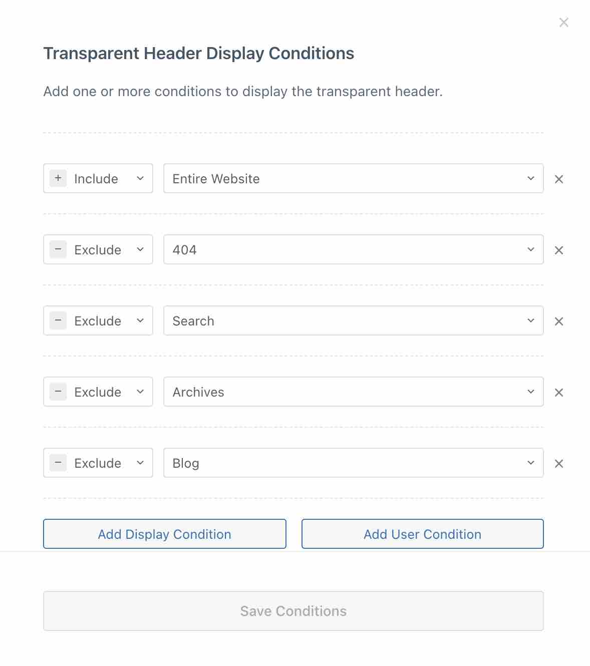 Transparent Header Display Conditions of Blocksy.