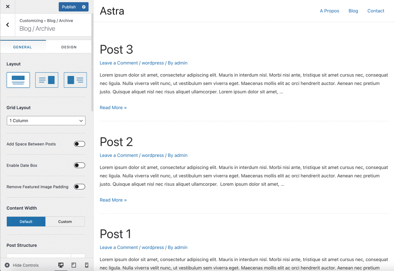 Blog settings of Astra Pro in WordPress.