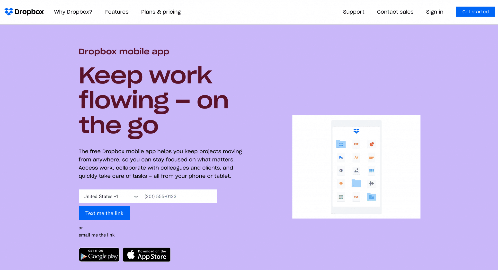 Landing page of the free Dropbox mobile app.