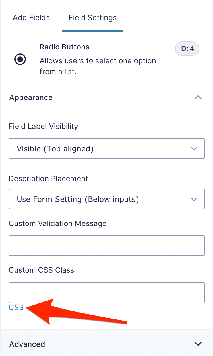 CSS link below the Custom CSS Class field in the field settings of Gravity Forms.