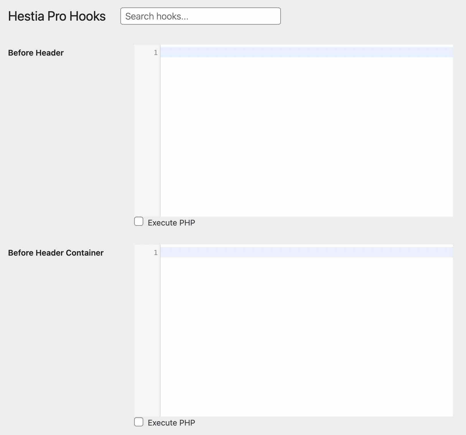 L'option Hooks de Hestia sur WordPress.