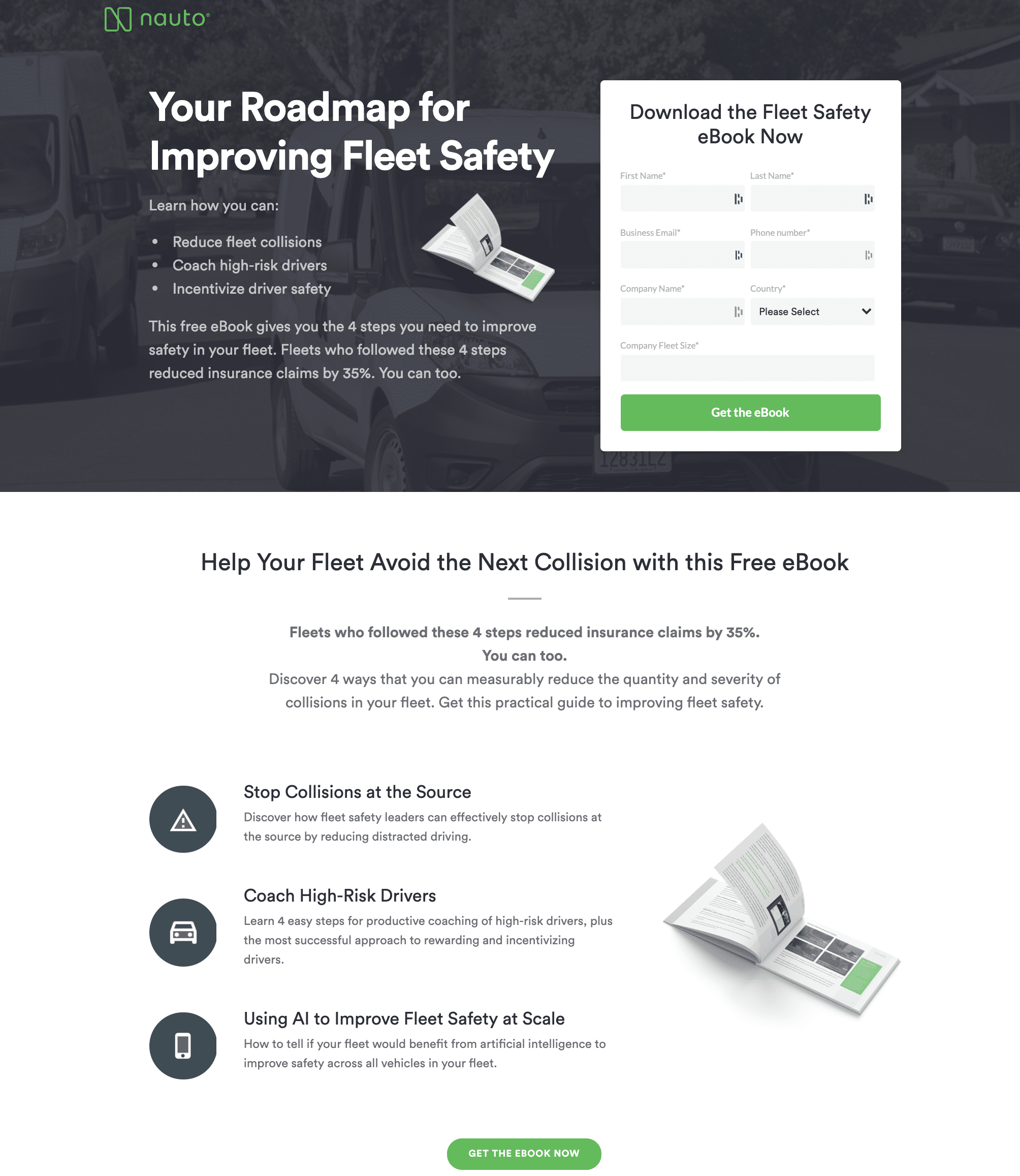 Nauto landing page to download their free eBook.