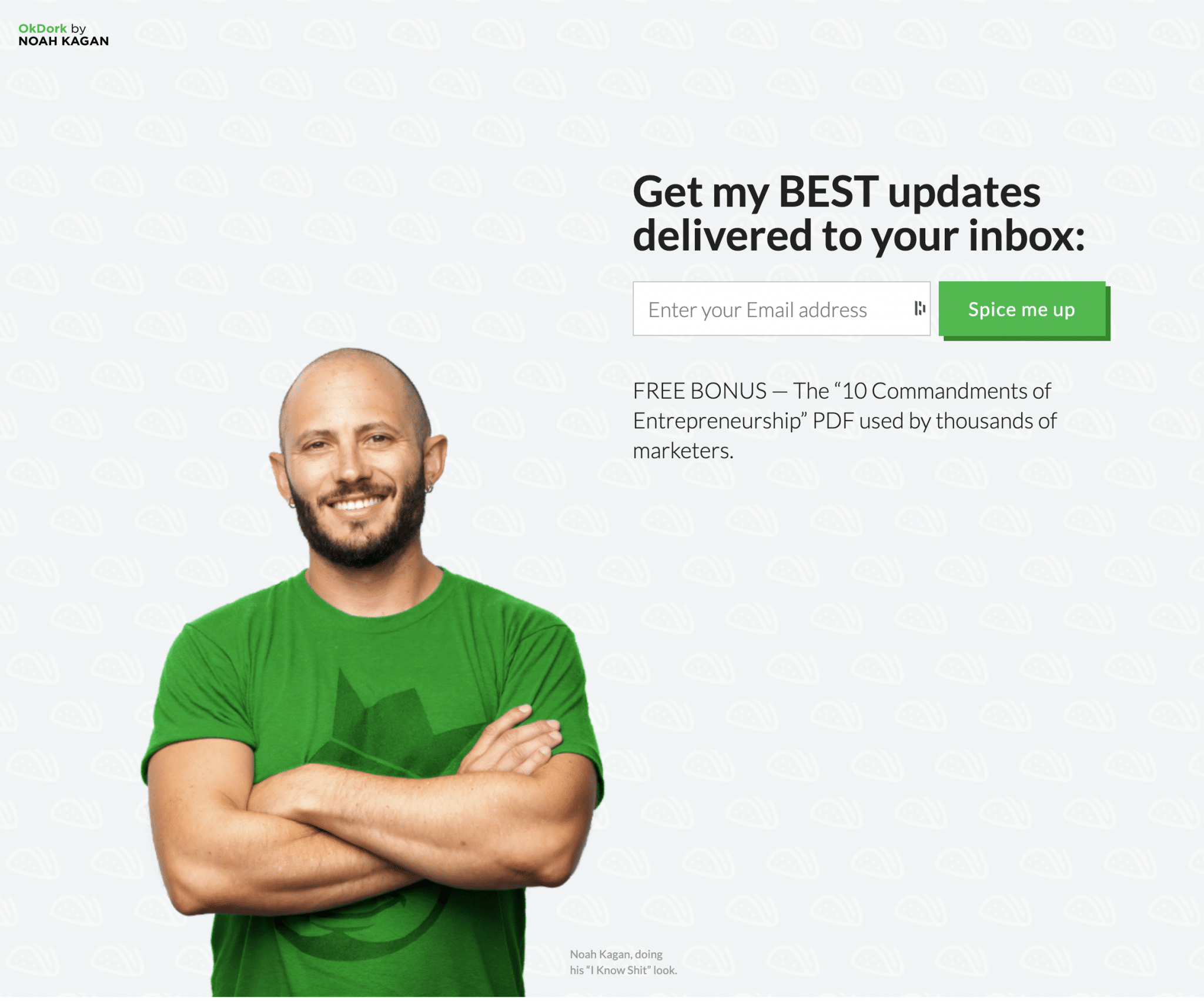 OkDork (by Noah Kagan) landing page to get his best updates delivered to your inbox. 
