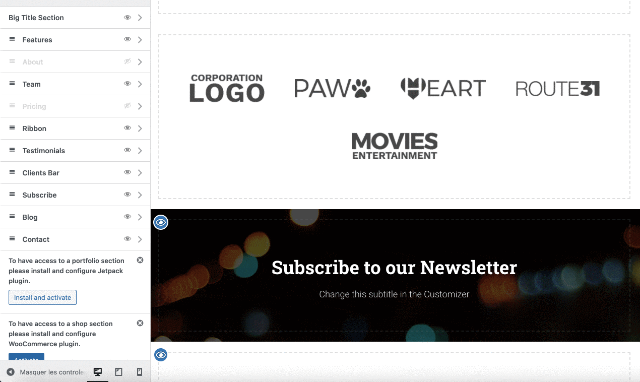 Modification des sections de la page d'accueil du thème Hestia WordPress.