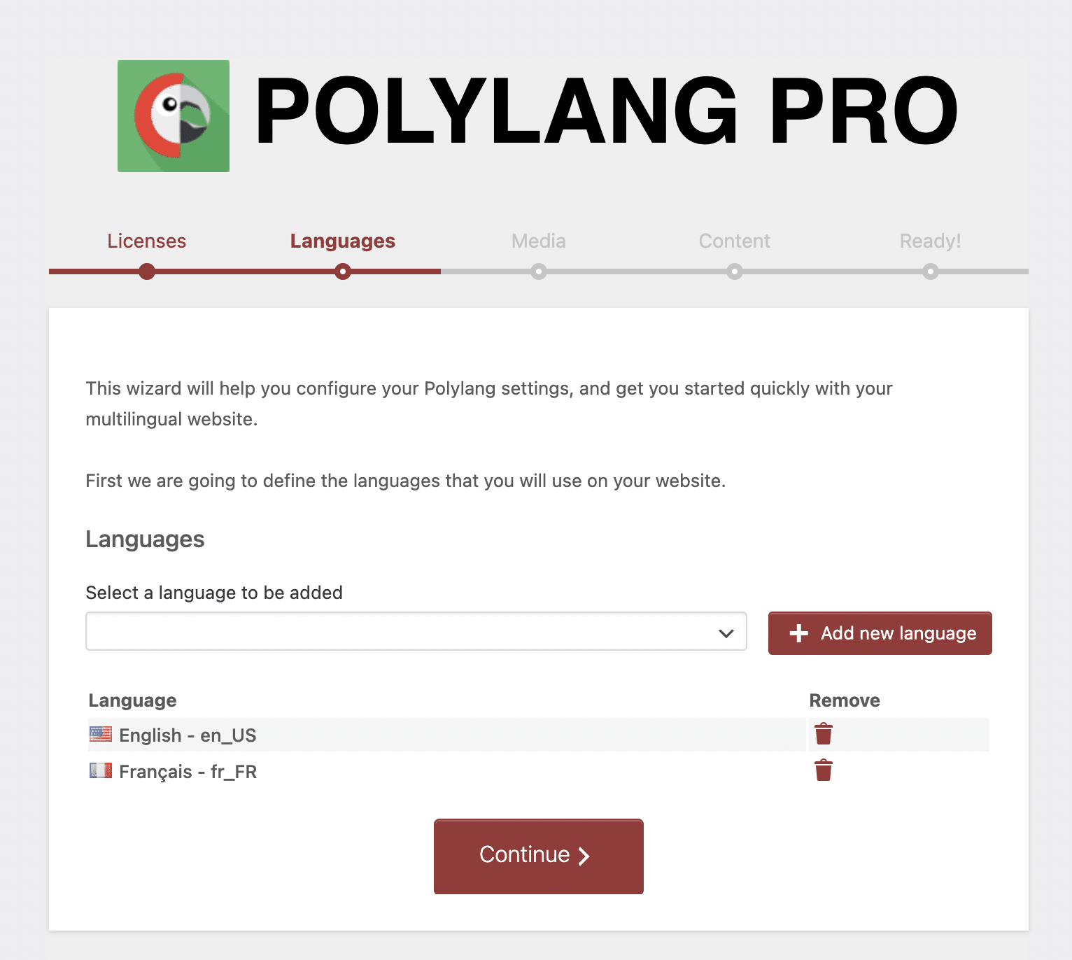 Select a language to be added on Polylang Pro.