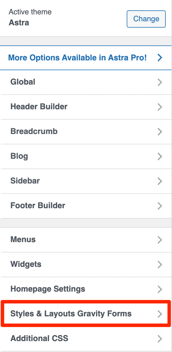 Styles & Layouts Gravity Forms menu in the Customizer using the Astra theme on WordPress.