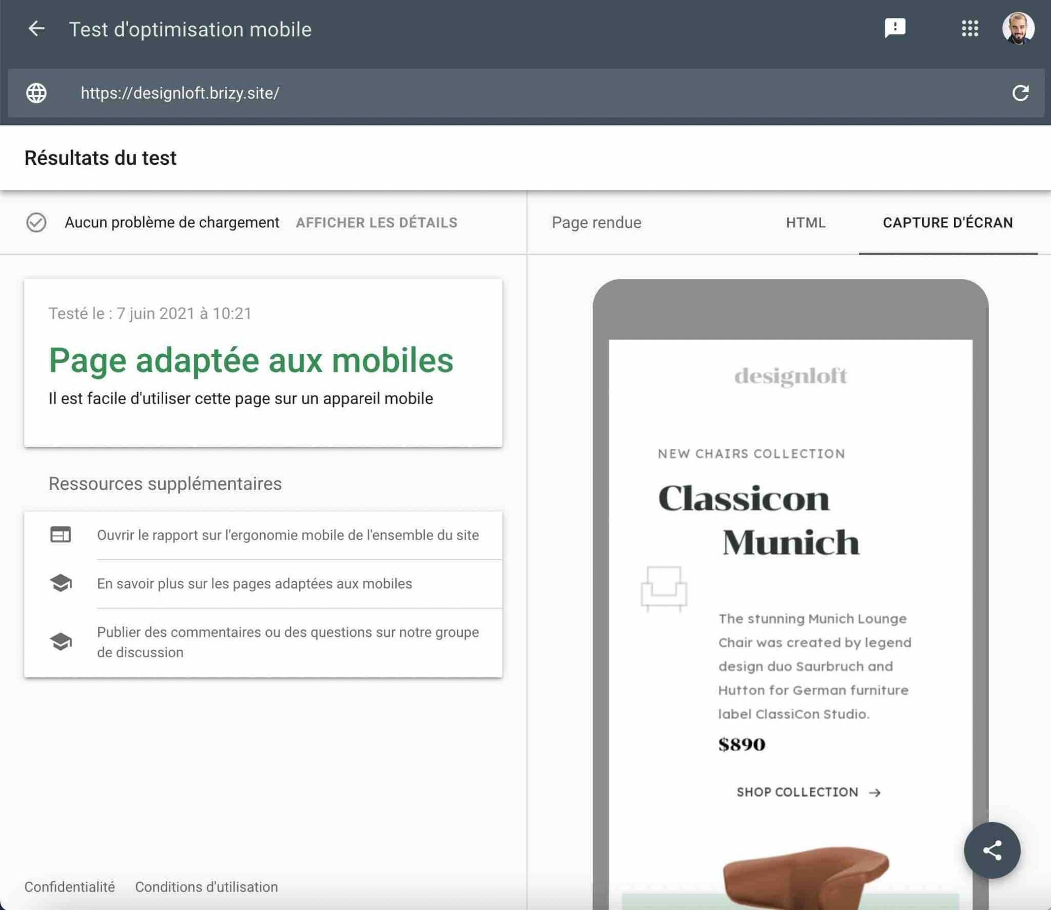 Test d'optimisation mobile de la démo Design Loft de Brizy.