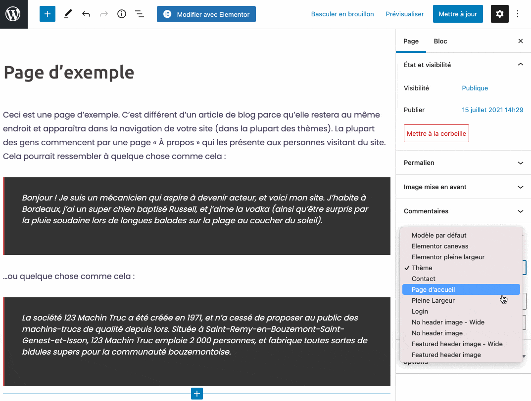 Les attributs de page avec le thème Sydney sur WordPress.