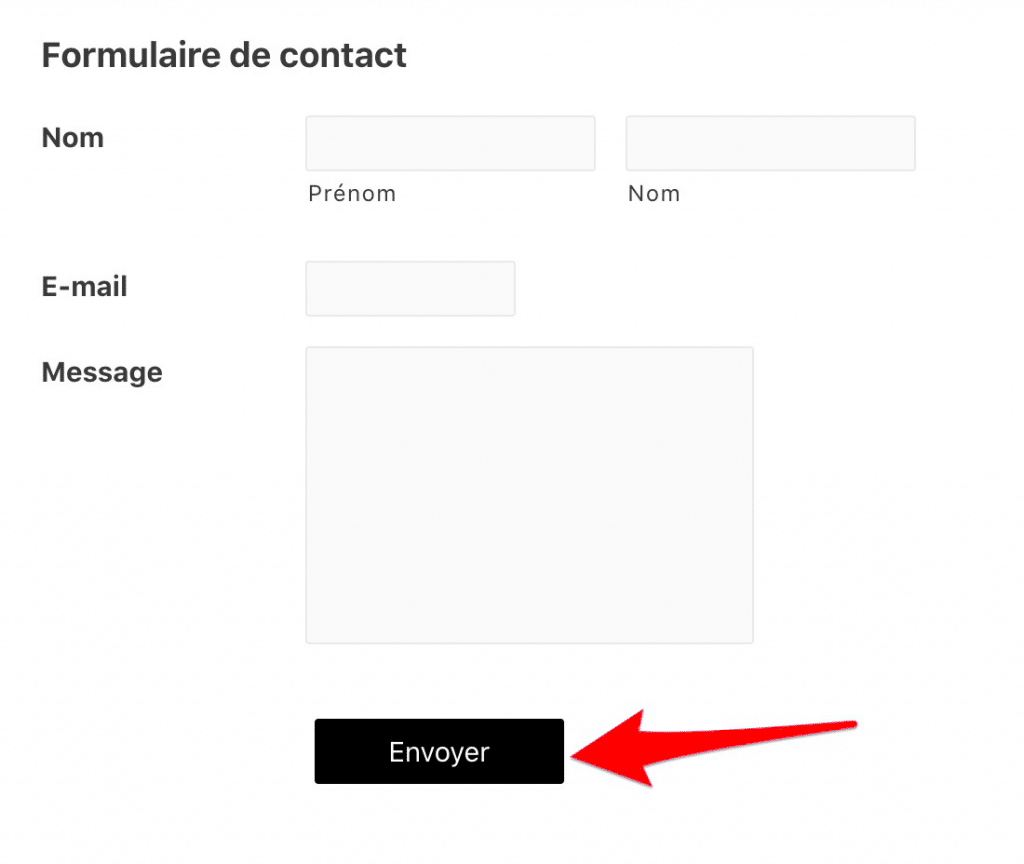 Un bouton « Envoyer » noir après l'ajout de CSS dans un formulaire Gravity Forms.