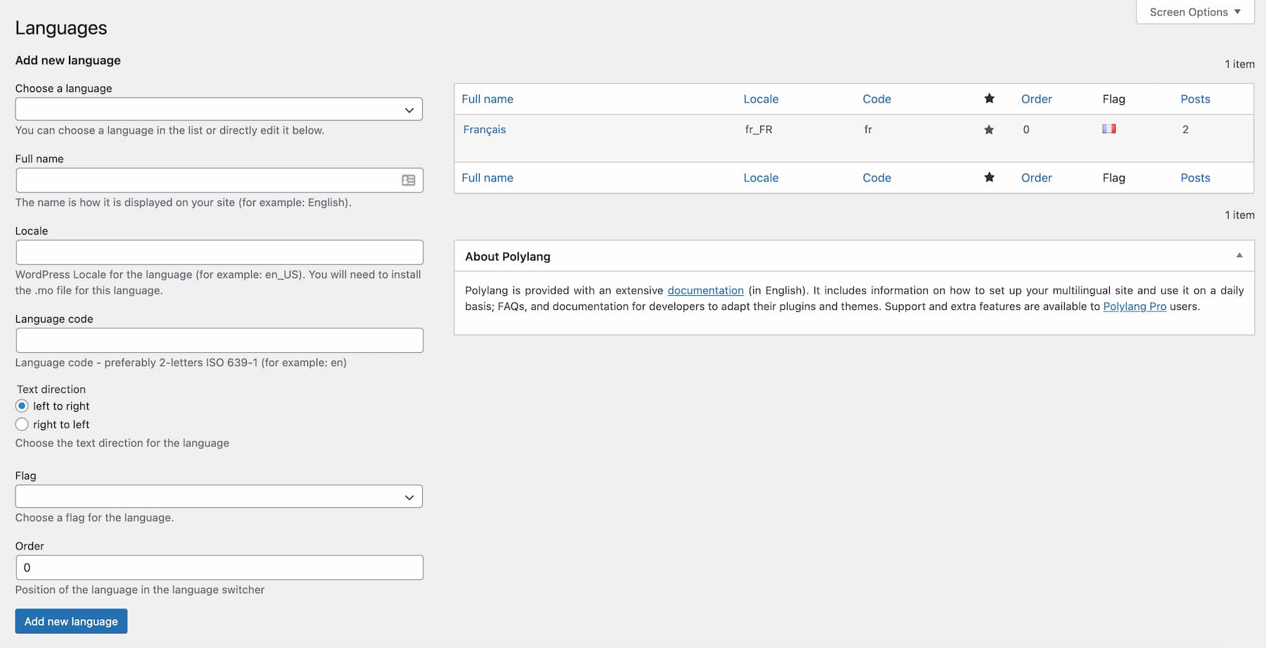Polylang languages settings.