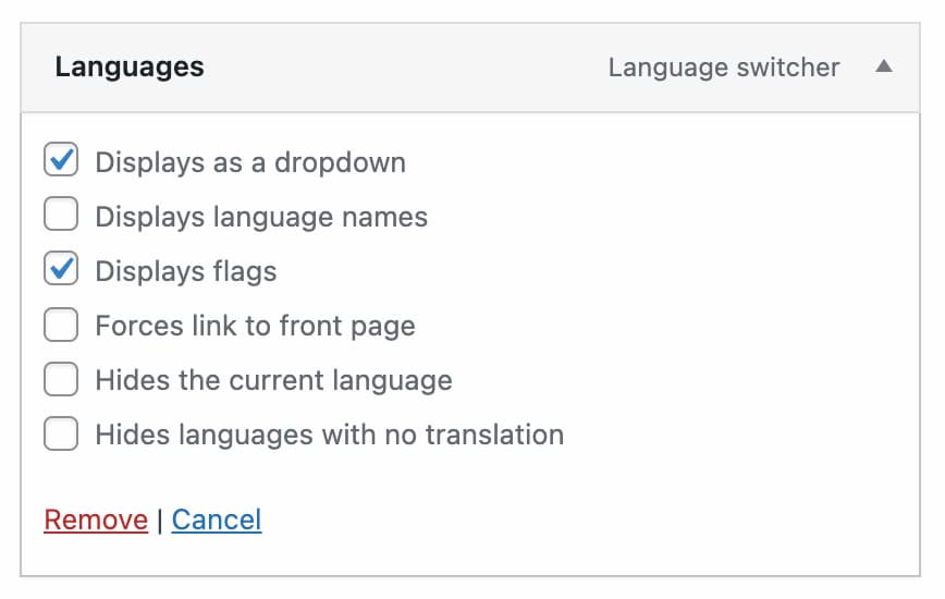 Polylang languages menu display.