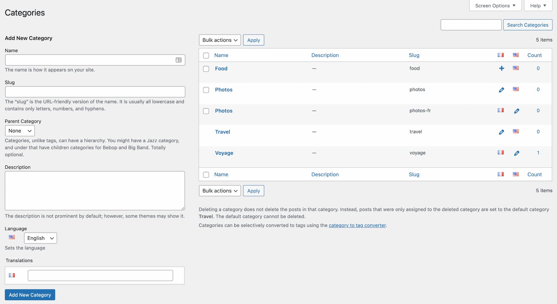 Polylang posts categories.