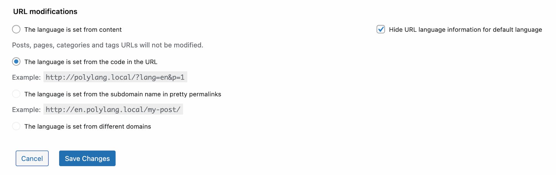 Polylang URL modifications.