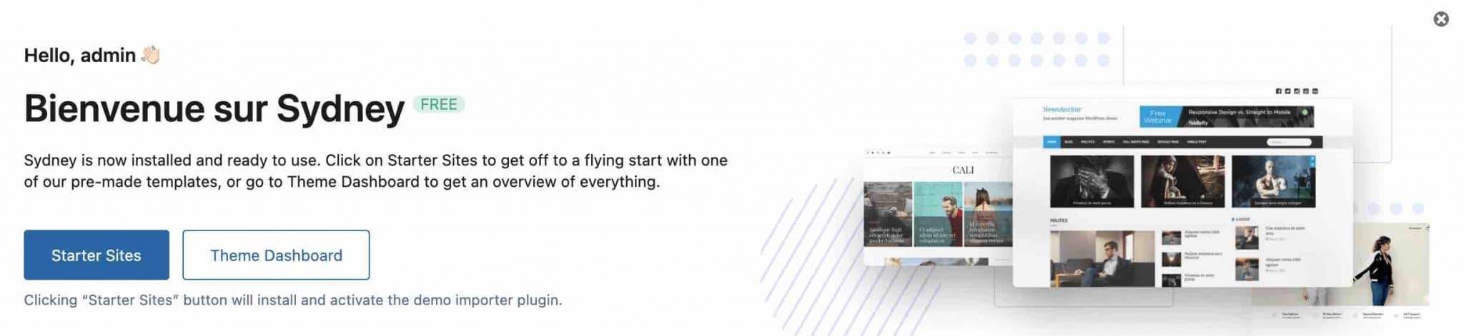 Barre de notification présentant les Starter Sites du thème Sydney sur WordPress.