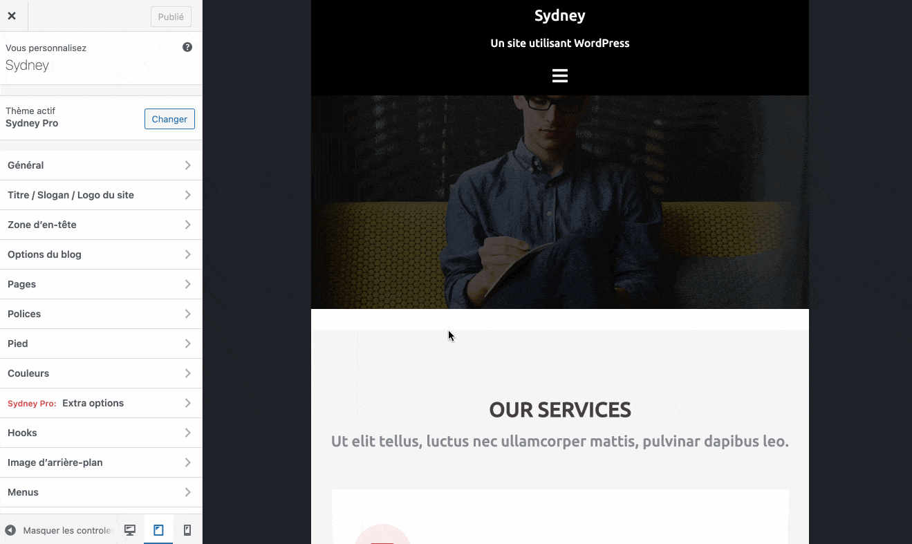 Test du responsive sur le thème Sydney sur WordPress.