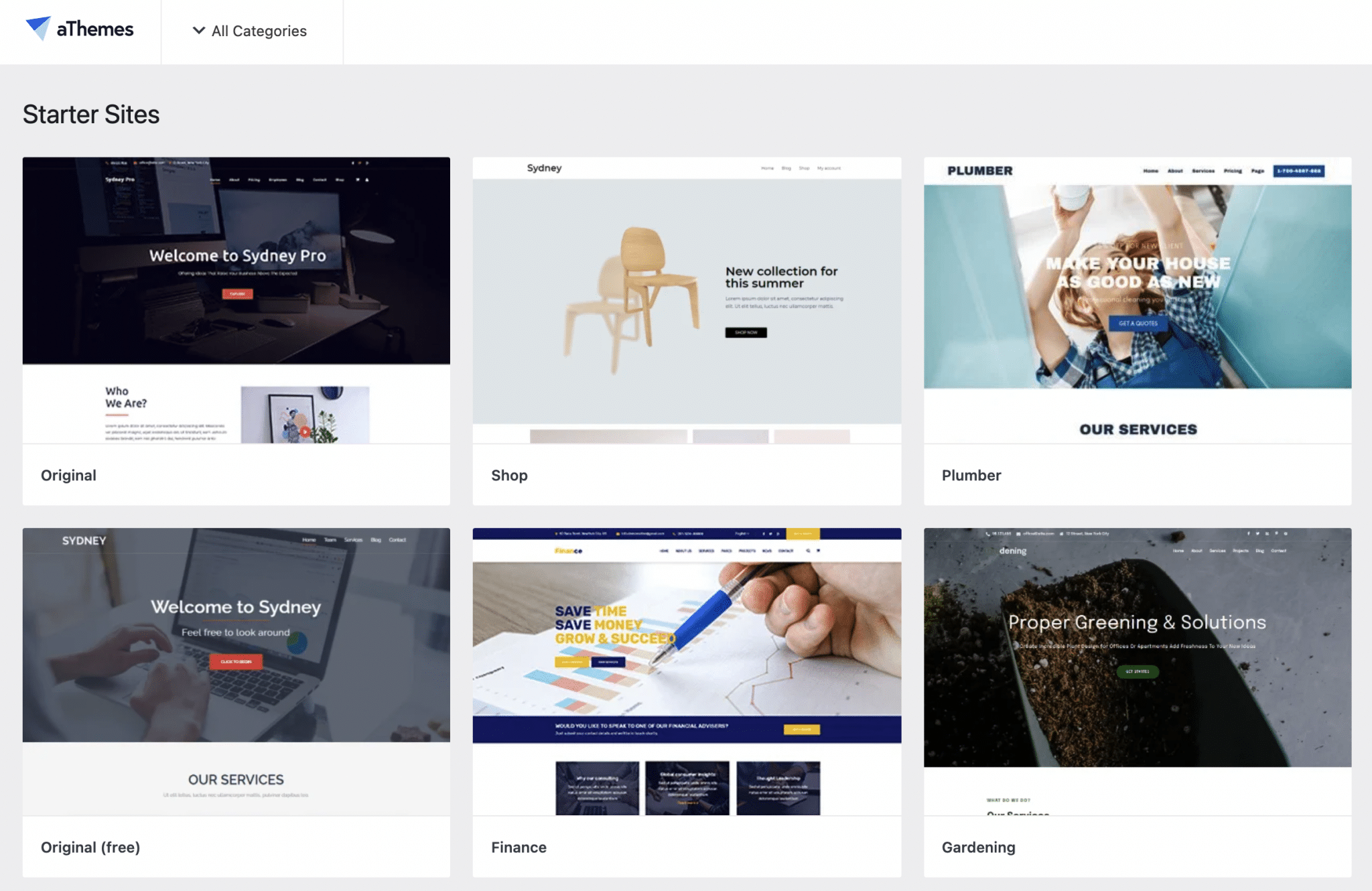Un aperçu des Starter Sites proposés par Sydney.