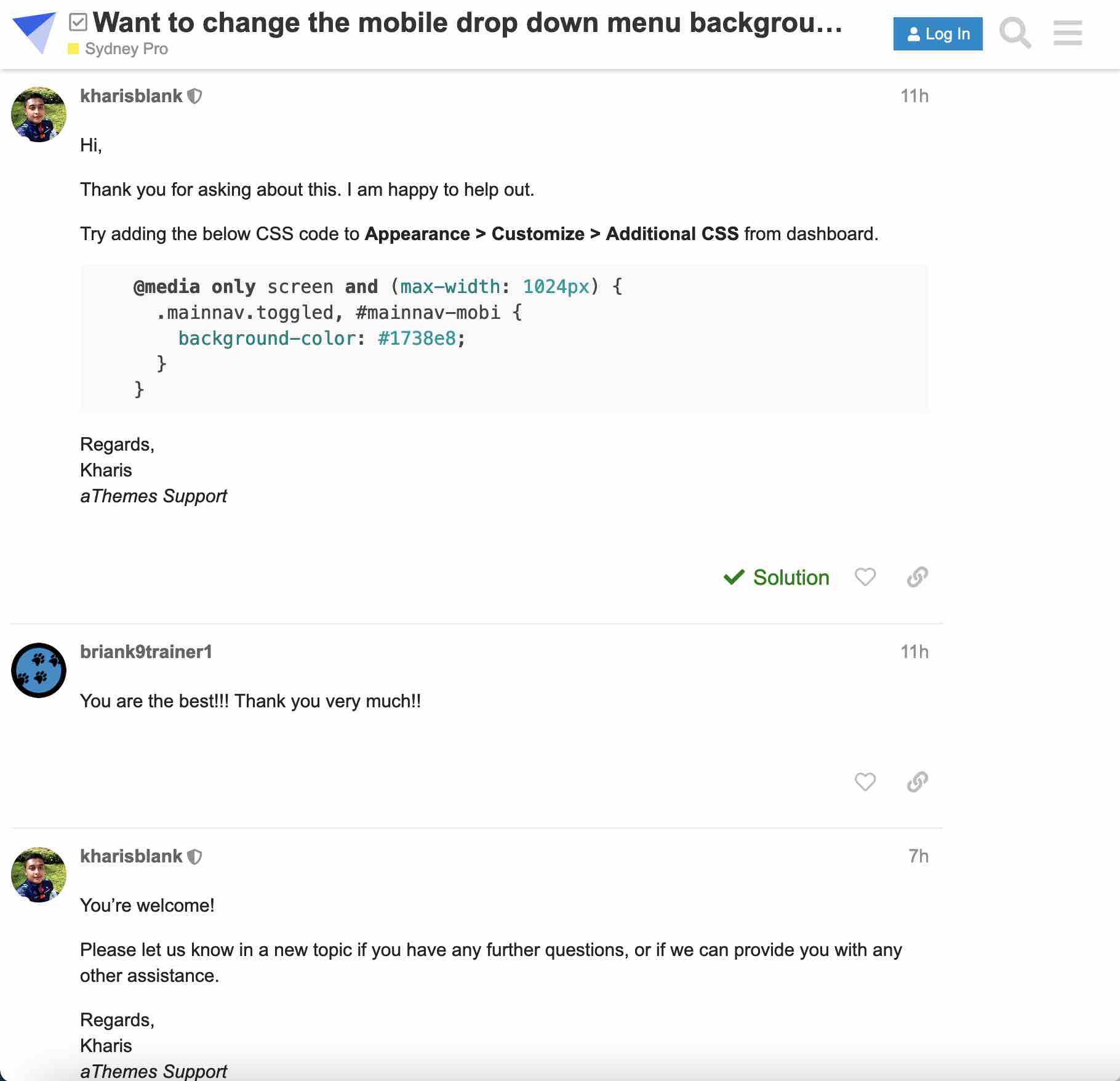 Le support proposé par Sydney sur son forum.
