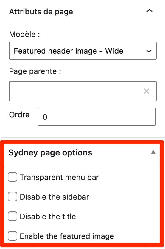 Les options de page sur Sydney.